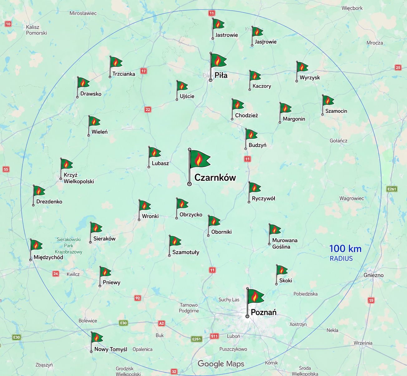 Mapa obszaru działania serwisu — promień 100 km+ od Czarnkowa